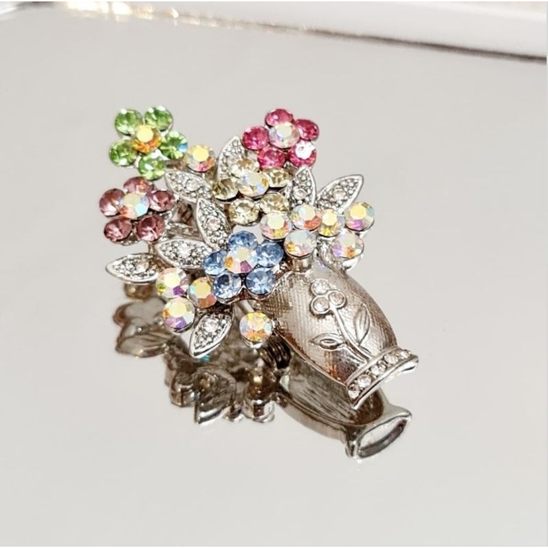 Gorgeous Pastel Aurora Borealis Rhinestone Vase of Flowers Brooch