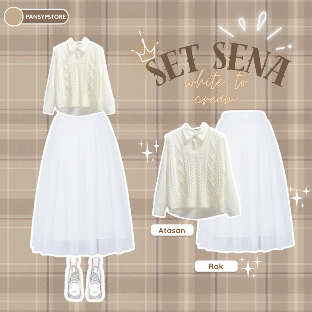 Set Sena White Knit Sweater dan Rok Putih One Set Ootd Korea Vest Rajut Dan Rok Tutu Premium