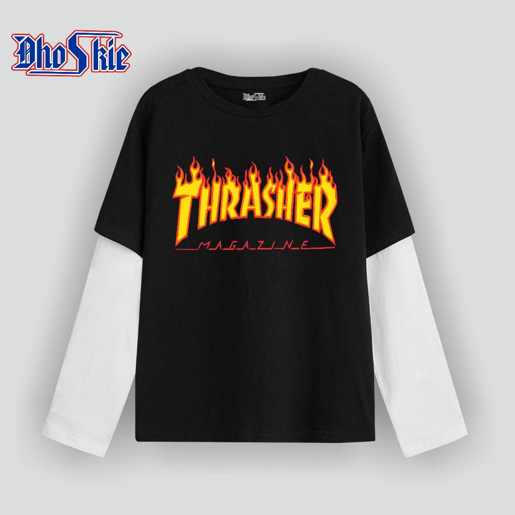Dhoskie T-shirt Double layer  long sleeve Thrasher  24 s Cotton Combed Unisex Pria Wanita