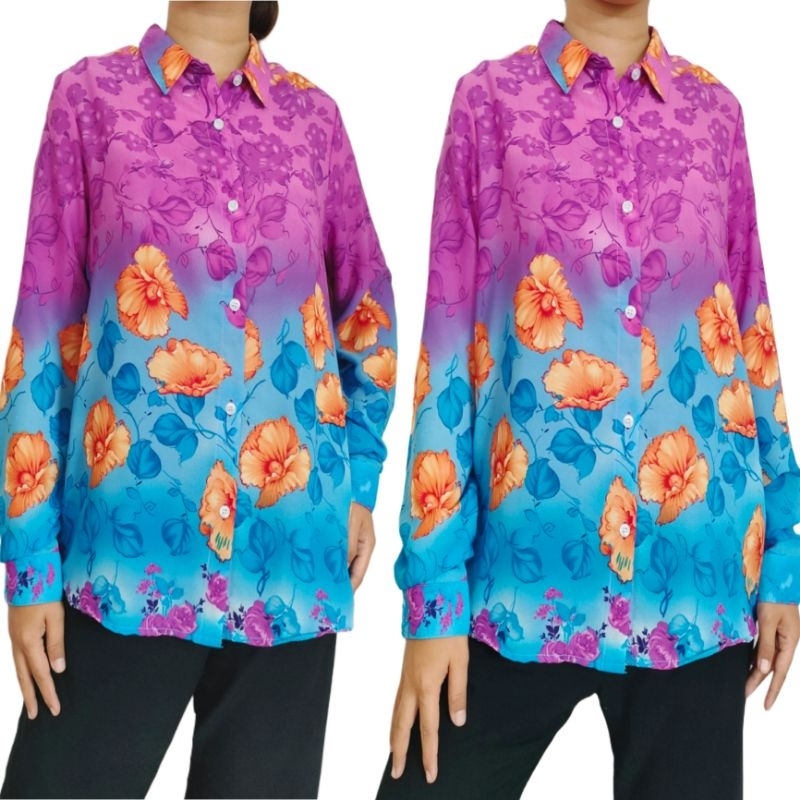 H*M women's long sleeve purple blue floral shirt / kemeja wanita branded fulltag terbaru