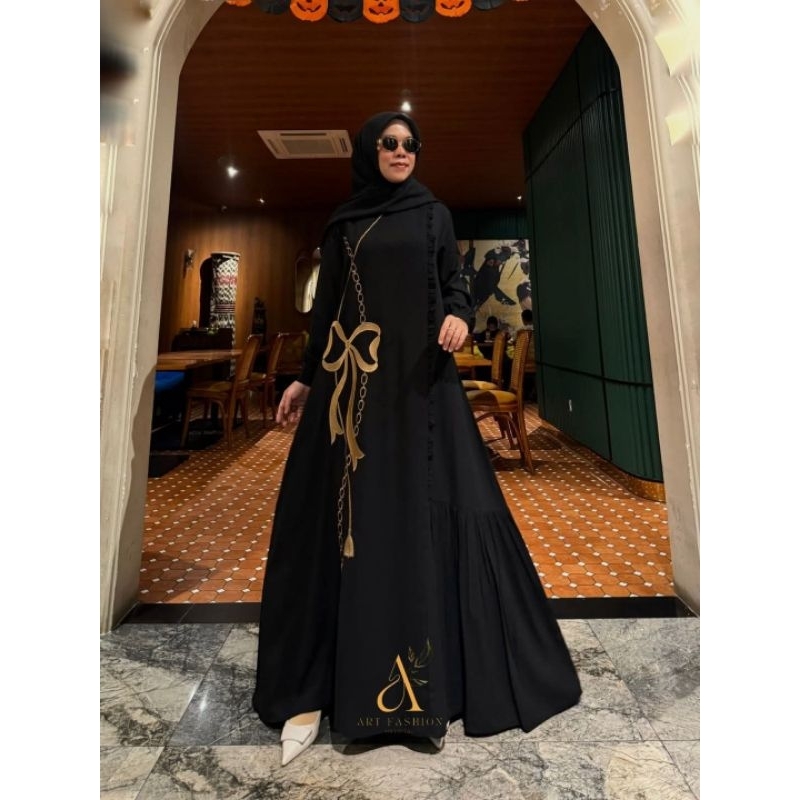 gamis hitam pita set hijab