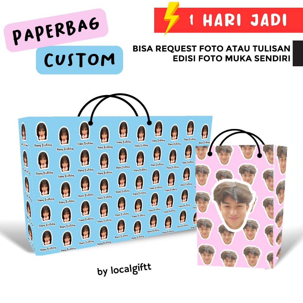 

Paperbag Custom Muka | Bisa request foto dan tulisan | Paperbag custom | Paperbag lucu | Paperbag Foto | Tas Custom