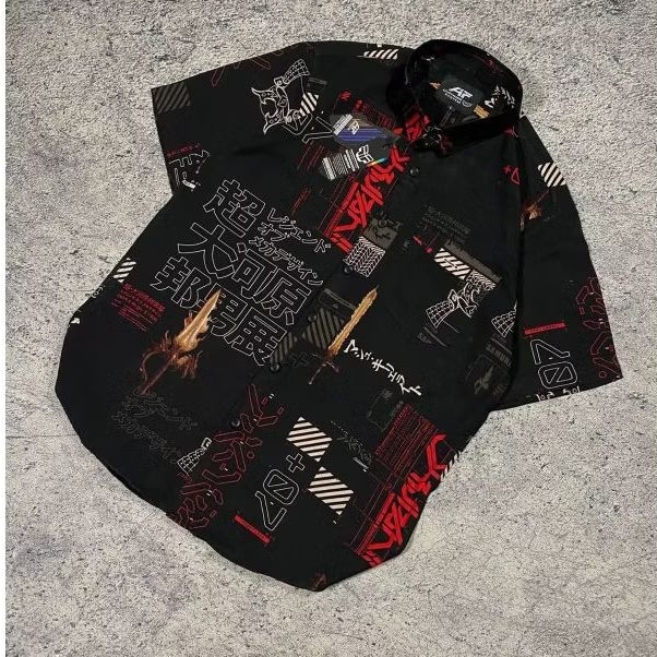 Kemeja Motif Pantai Distro Abstrak Slim fit Bahan Katun Rayon Lembut Adem Nyaman Kerah Kancing Bawah