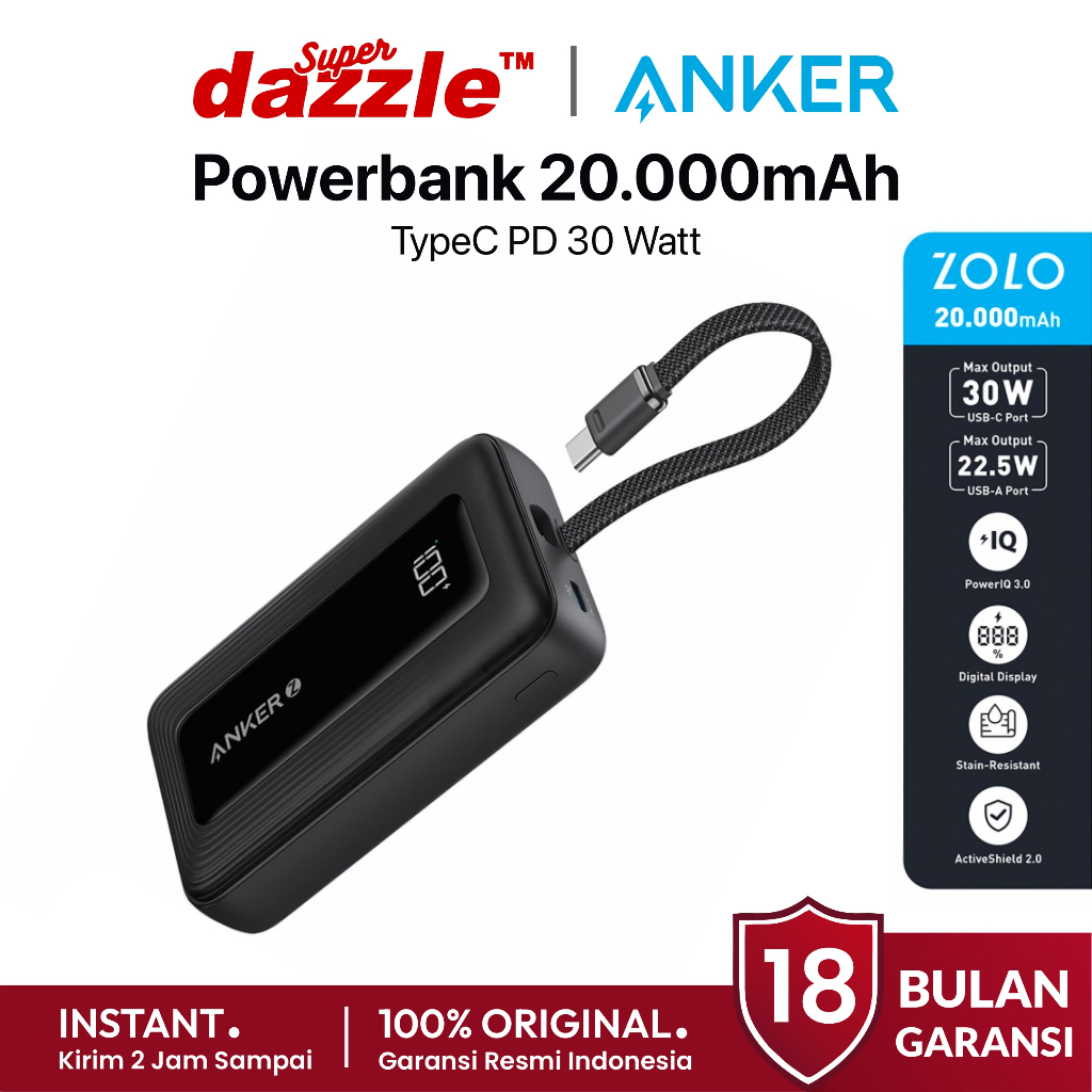 [ TERLARIS ] ANKER Powerbank Powercore Zolo 20.000mAh Type C PD 30W Fast Charging Original 100% Gara