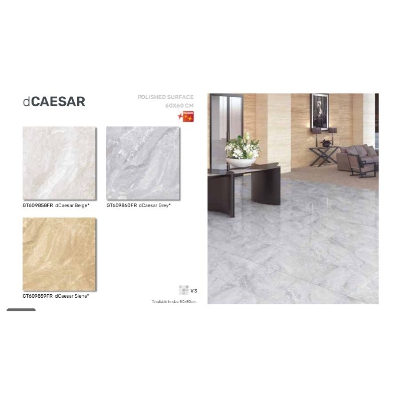 Roman Granit dCaesar Beige Siena Grey 60x60 Gloss Polished Surface Granit lantai dinding tembok indo