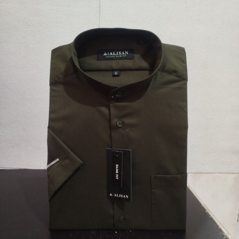 Lengan Pendek Slimfit ALISAN Dobby Koko Olive1 Krah Shanghai