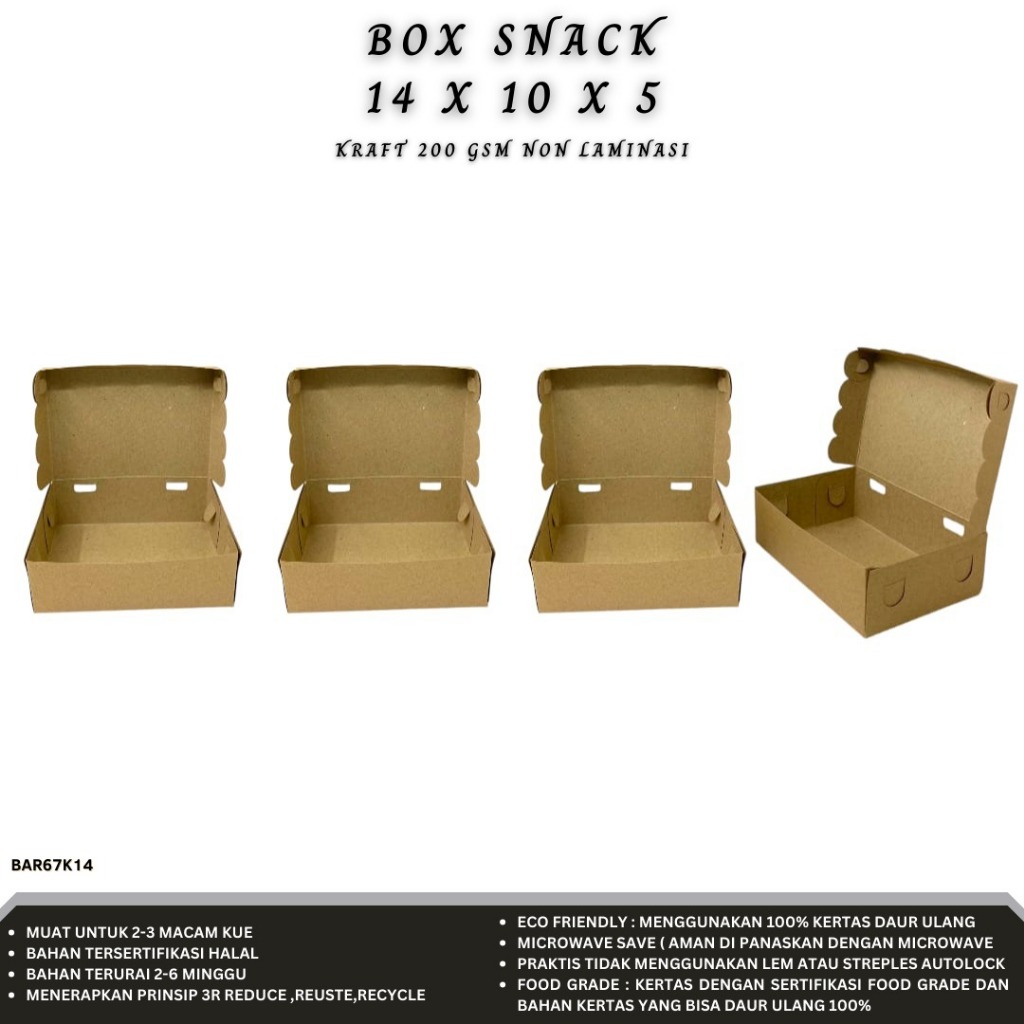 

Box Snack 14x10 Dus Non Aqua Dus Kue 14x10 Dus Snack 10x14 Kraft 200 Gsm (B.AR67K14)