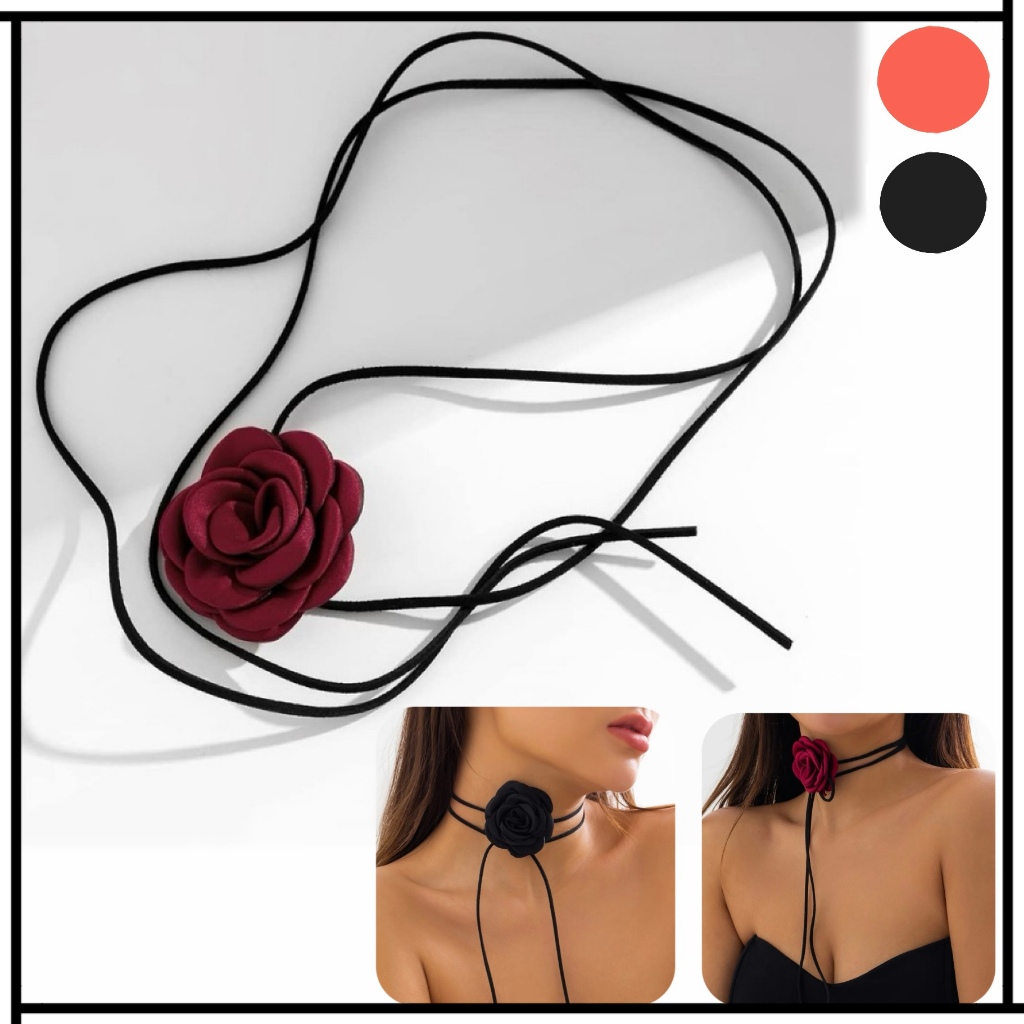 kalung choker punk rose choker Gelang Mawar Roselyn Rose Wrap Leather Choker Necklace PU Kalung Bung