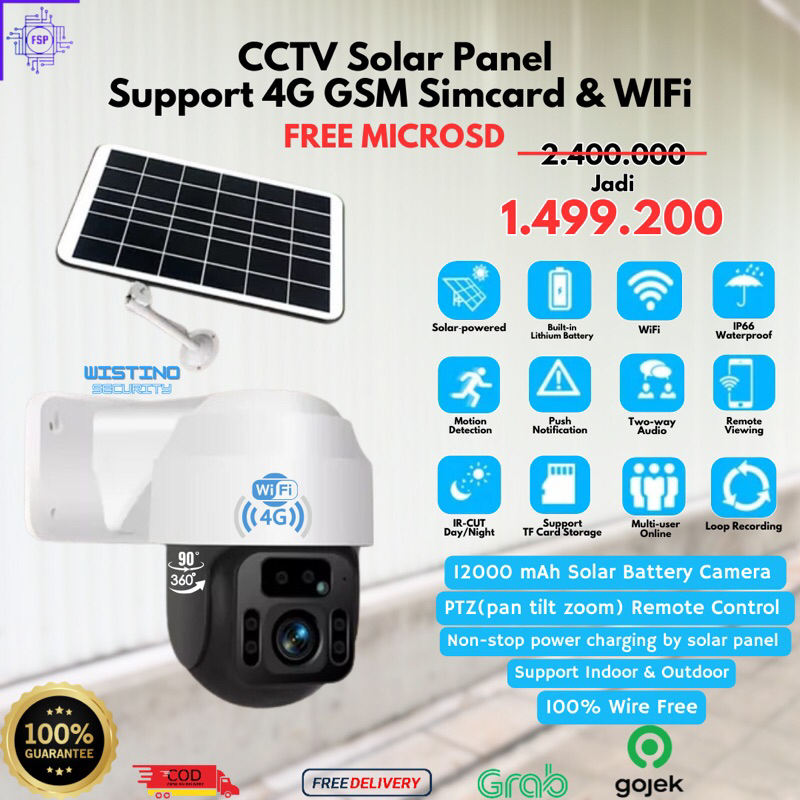 WISTINO - 4G GSM Solar CCTV Camera (Putar Kiri-Kanan-Atas-Bawah) Waterproof CCTV Solar Panel Cell Si