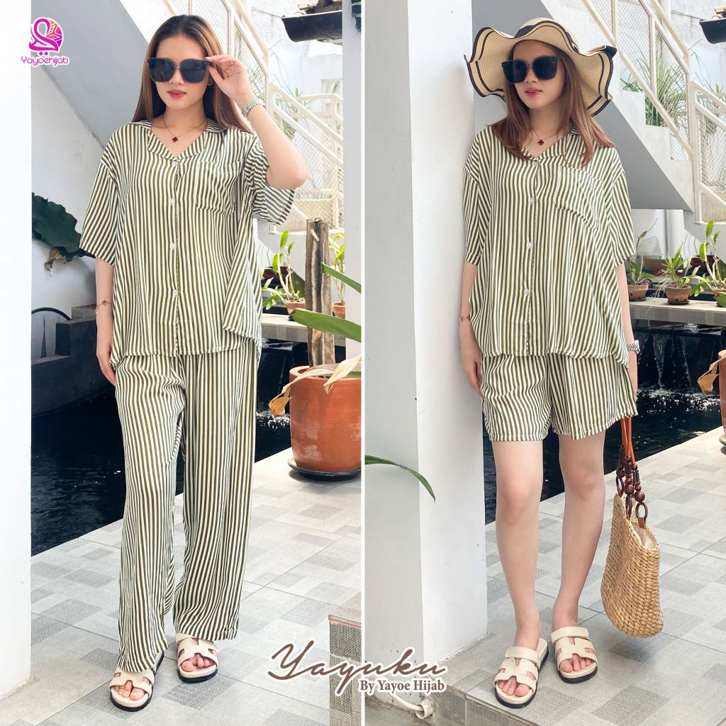 Sheila Oneset Pajamas Salur Setelan Kemeja Baju Tidur Kekinian Katun Rayon Motif Yayuku