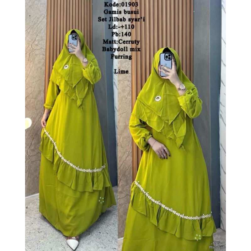 *BESTYKU* 01903 READY PREMIUM QUALITY* gamis ceruty motif set jilbab syar i kombinasi renda, bahan c