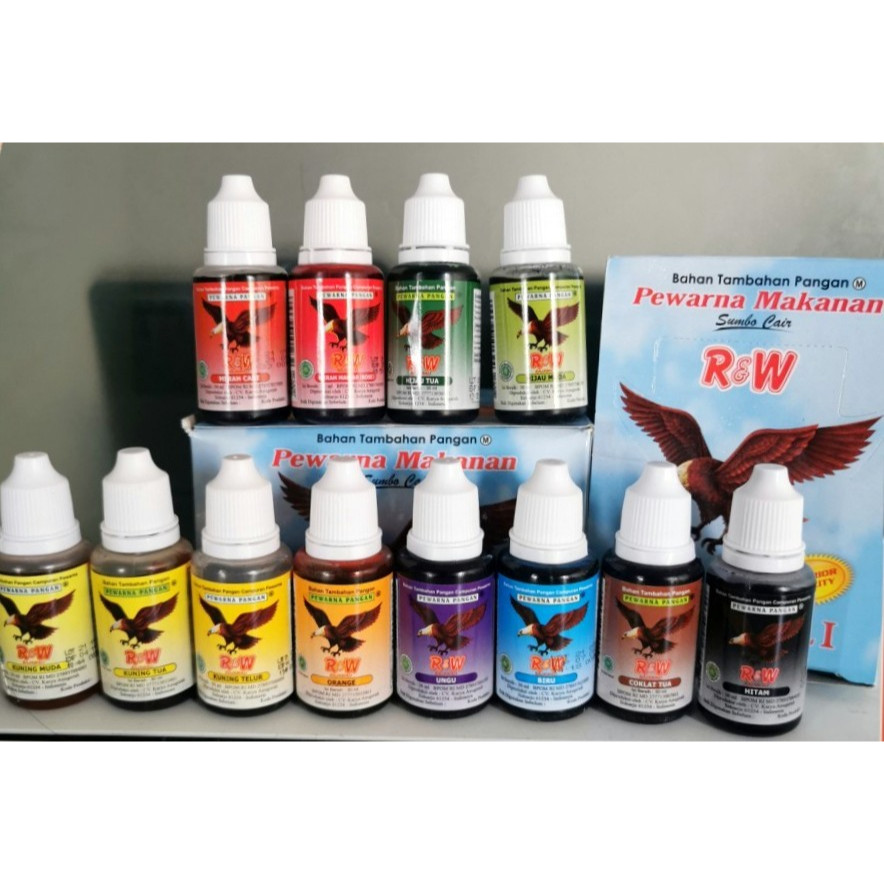 

Pewarna Makanan R&W Rajawali 30ml Sumbo Warna Merah Hijau Orange Ungu Biru Hitam Coklat Kuning Tua Muda Arbei Apel Pandan Oranye Orens Oren Violet Yellow Red Blue Black Brown Green Food Grade Murah Malang Jatim