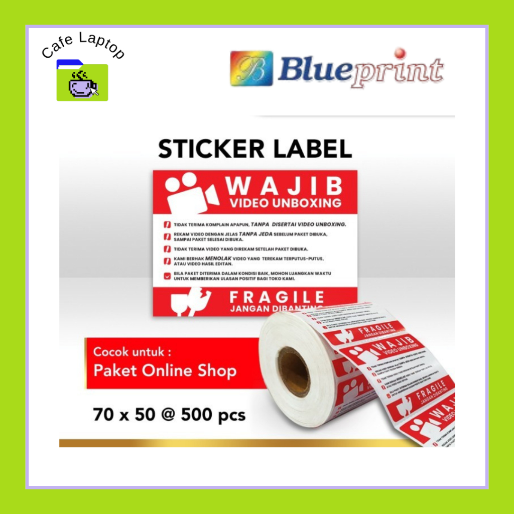 

Label Sticker Unboxing Fragile BLUEPRINT 70x50 mm isi 500 1 ROLL