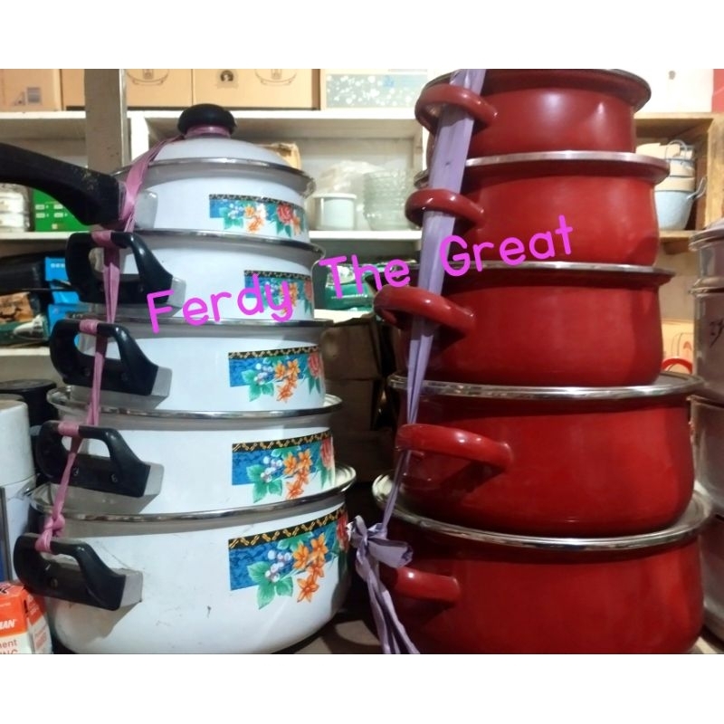 Panci set susun 5 tebal enamel / panci tutup kaca susun / panci susun / panci warna enamel tebal / p