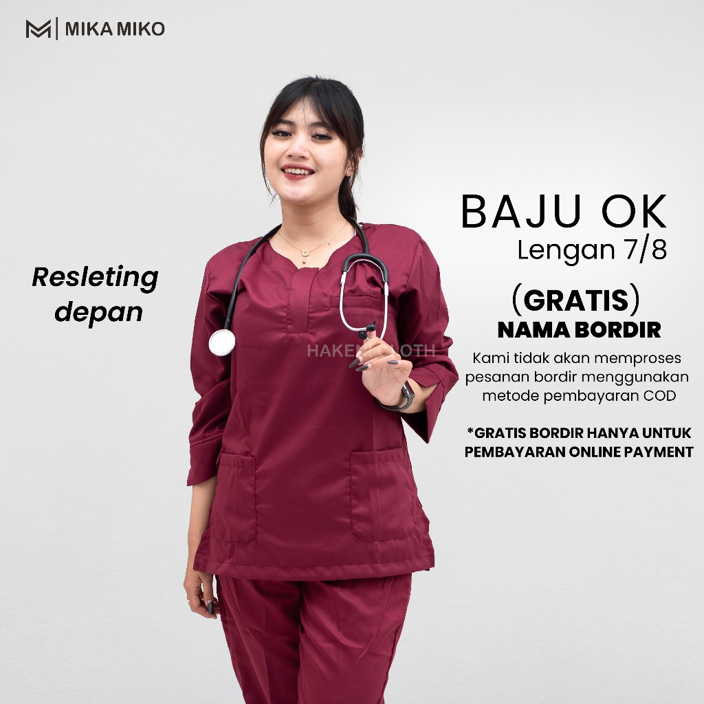 Set Scrub Dokter Perawat Lengan 7/8 Resleting Depan Baju OK Medis