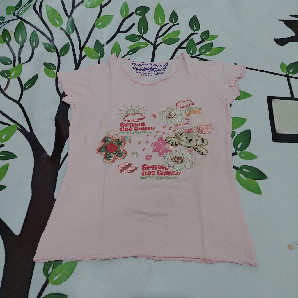 Preloved  Atasan Blouse Spring  warna Pink motif dengan Bordir bahan katun warna pastel pink lengan 