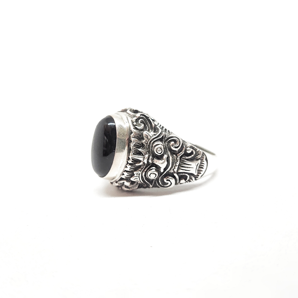 Cincin Ring Ukir Rangda Barong Besar Batu Permata Onyx Perak Silver Bali Asli 925 Pria Laki Wanita C