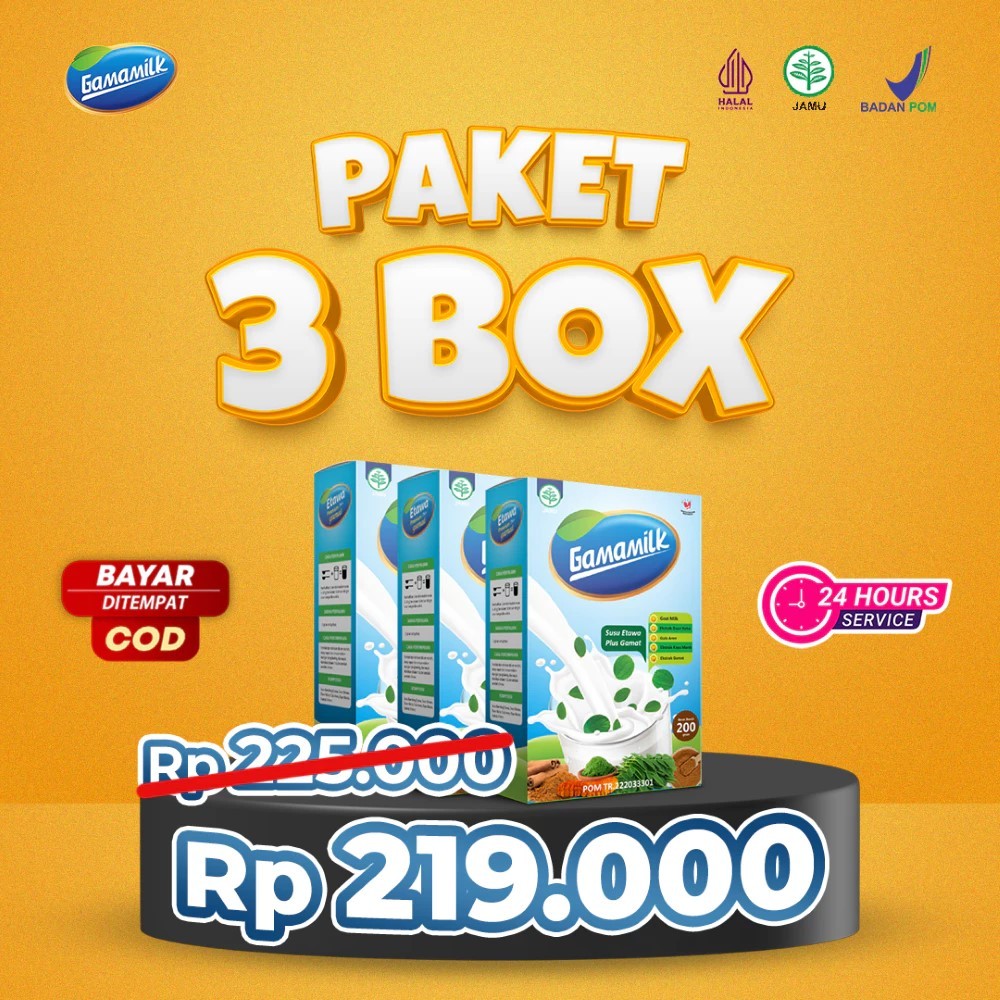 

PAKET 3 BOX Gamamilk - Susu Etawa Plus Gamat Rekomendasi Ilmiah Atasi Nyeri Sendi & Tulang