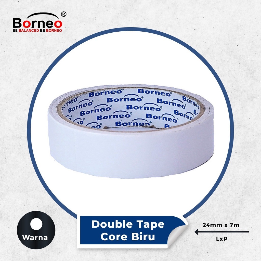 

DOUBLE TAPE BORNEO 24mm x 7mm CORE BIRU / SOLASI ISOLASI BOLAK BALIK 1/2 INCH LAKBAN SELOTIP DOUBLETAPE