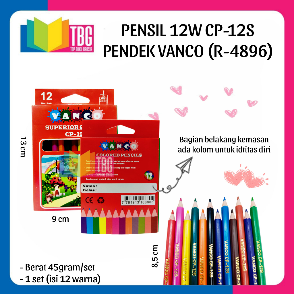 

1 SET PENSIL 12W CP-12S PENDEK VANCO / PENSIL WARNA PENDEK / PENSIL WARNA (R-4896)
