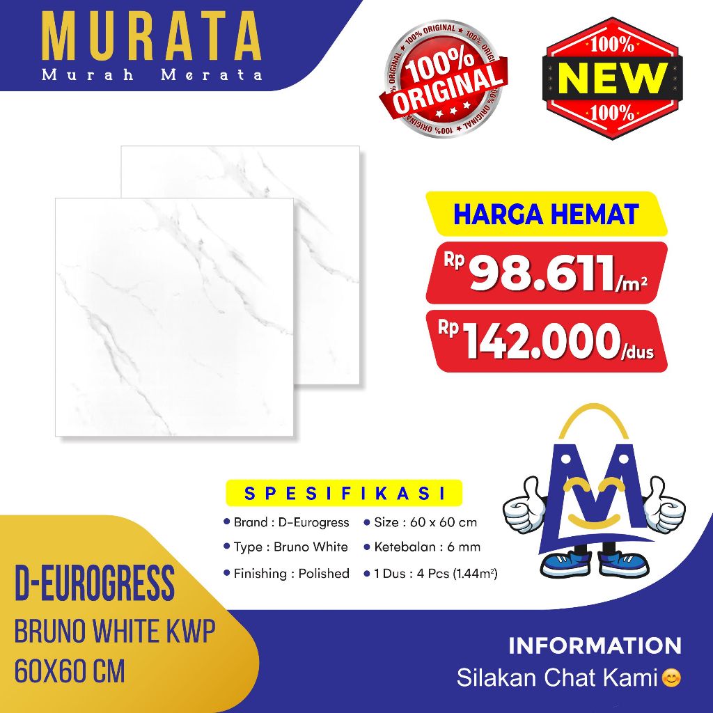 D-Eurogress - Granite / Granit Tile Lantai / Dinding Bruno White 60x60 1.44m2 Kwp