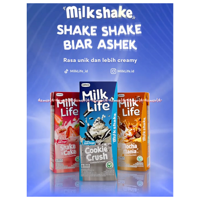 

Milk Life 200ml Cookie Crush Cookies & Cream Macchiato Mocha Mania Shake Cake Fresh Milk Savoria Susu UHT Siap Minum Gula Lebih Rendah Milklife