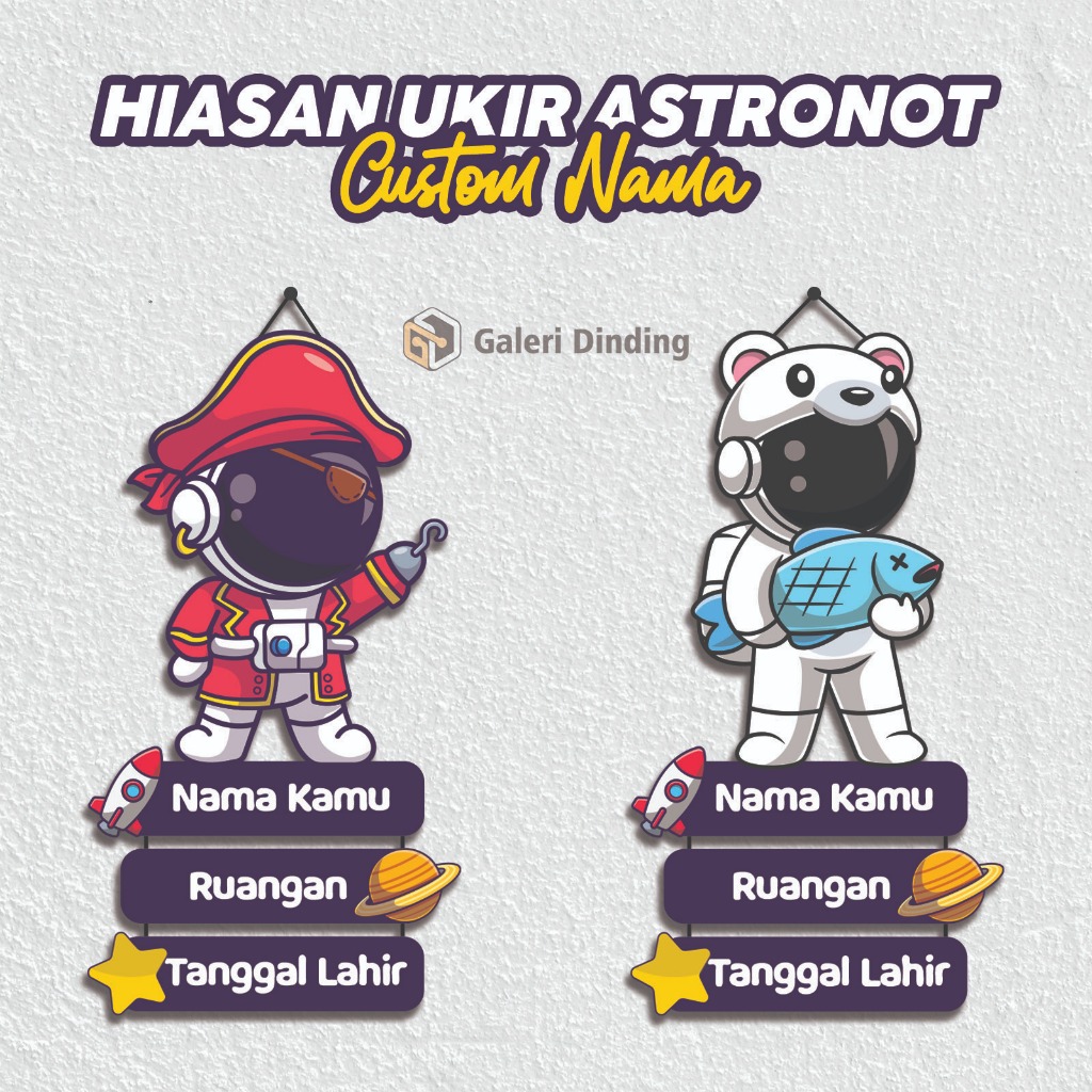 Hiasan Dinding Kayu Ukir Astronot Custom Nama (22x40cm) Pajangan Dekorasi Gantung Pintu Kamar Tidur