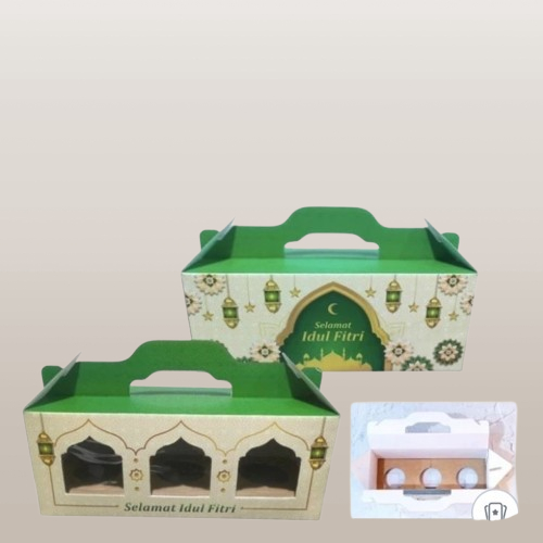 

( 5 Pcs ) Dus Tenteng Kue Kering Lebaran Box Packaging Cookies Eid Mubarak Motif Masjid Hijau Muat 3 Toples Tabung 600ml