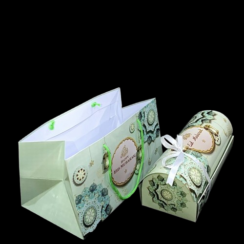

( 5 Pcs ) Paperbag Dus Bolu Gulung Lebaran Goodie Bag Box Roll Cake Idul Fitri Motif Lentera Hijau Muda Size 33x15x15 cm