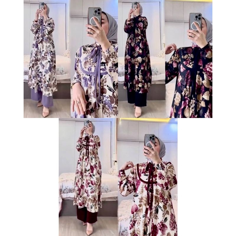 New Bella Long Tunik Set Tali - Oneset Tunik Bunga - Oneset Jumbo Rayon