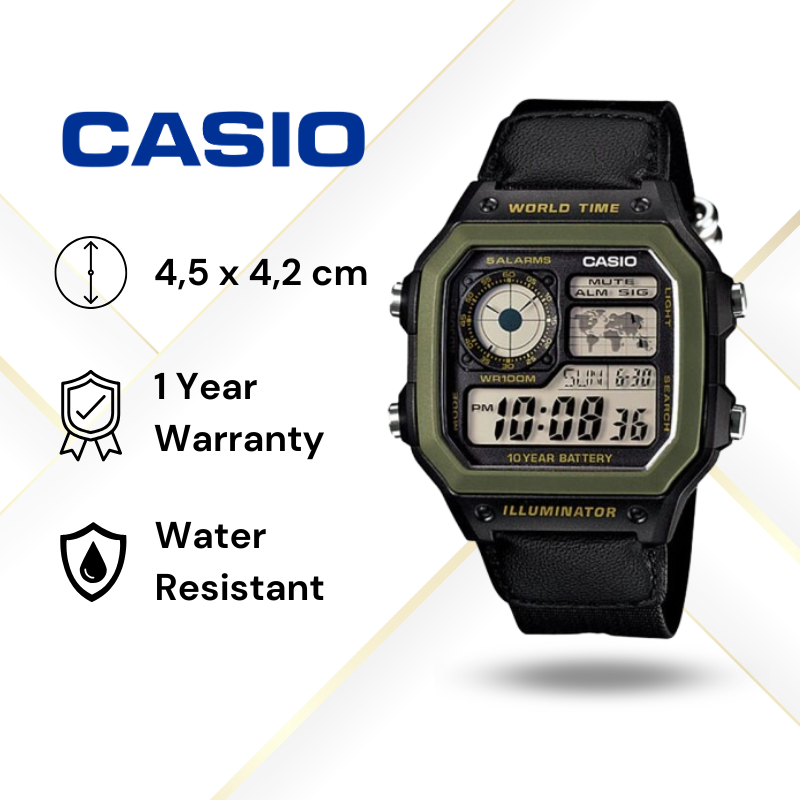 JAM TANGAN PRIA CASIO AE-1200WHB-3B ORIGINAL - AE-1200WHB HIJAU CANVAS CASIO ORIGINAL