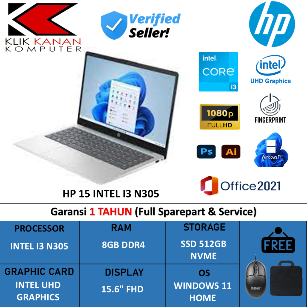 Laptop HP 15 Intel Core i3 N305 RAM 16GB 1TB SSD FHD Windows 11 Original Terlaris