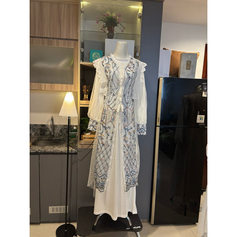 Asher one set outer brukat tile  setelan gamis Lebaran kekinian satu set gamis dan outer