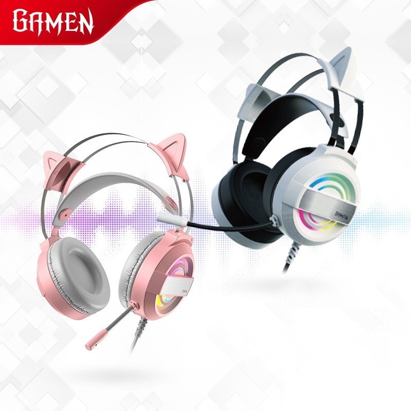 Gamen GH1100 Pink Cat Ear Cute RGB Wired Headset Headphone Gaming