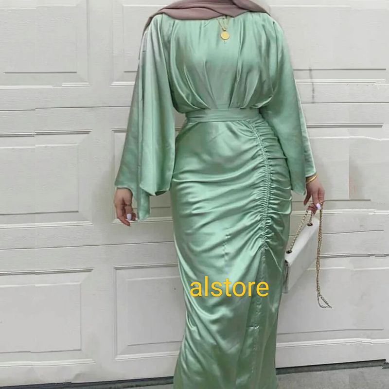 [ monalisa] gamis lebaran rok serut / dress kondangan abg bahan satin / gamis model terbaru