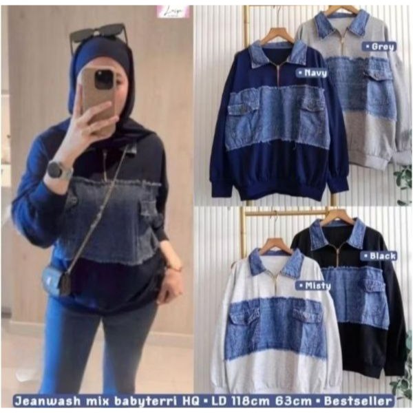 REAL VIDEO FRR2509 Atasan Tangan Panjang Rania combi Jeans XXL 2WARNA / Baju Oversize / Pakaian Wani