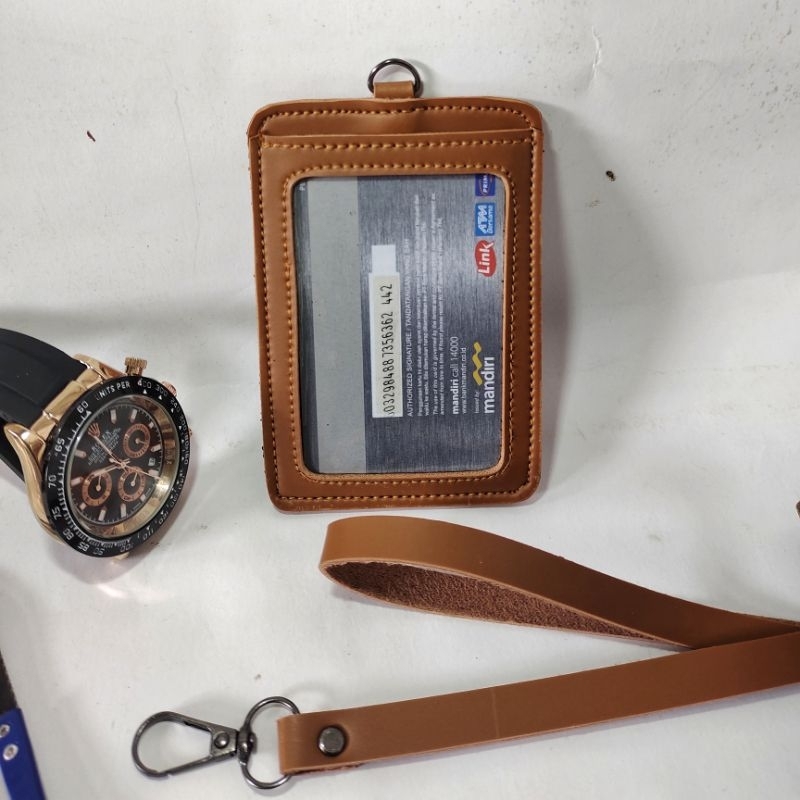 

id card nametag card holder lanyard kulit 3in1