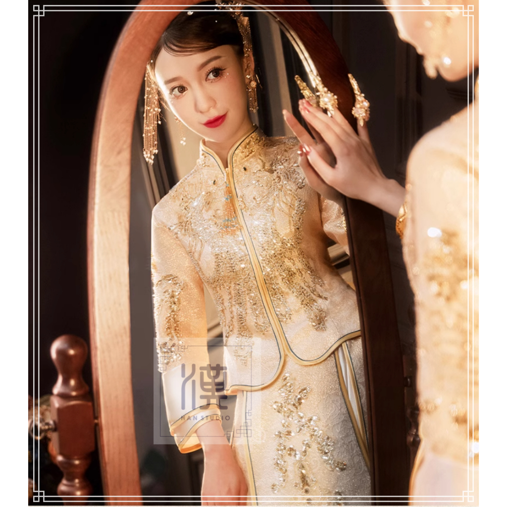 CHEONG SAM WANITA HAN FU WEDDING DRESS SANGJIT GAUN CHINA GOLD CREAM BLUE HSL250210