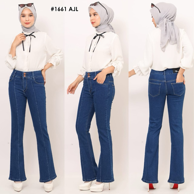 CCJEANS - Celana Jeanw HW Cutbray Kancing 2 Tulang Depan Polos Wanita - Premium Quality Jeans Stretc