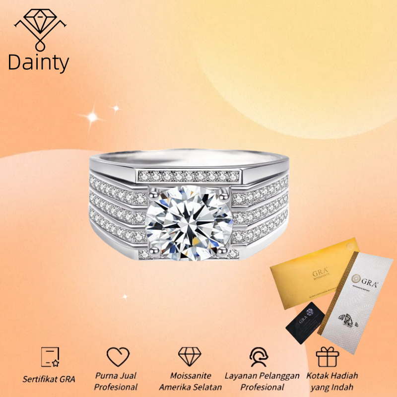 Cincin Pria Moissanite Sertifikat GRA Cincin Cowok Keren Lapis Perak Anti Karat Ulang Tahun Hadiah