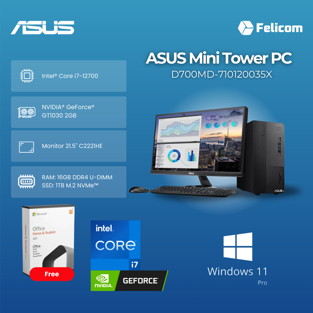 ASUS Mini Tower PC D700MD-710120035X i7-12700 32GB 1TB SSD W11PRO GT1030 2GB 3Yr C2221HE