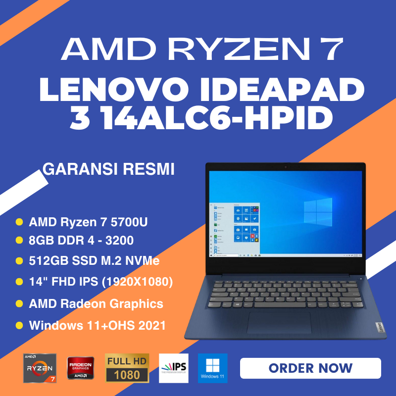 Lenovo Ideapad 3 14ALC6-HPID - AMD Ryzen 7 5700U - Ram 8GB - SSD 512GB - 14" FHD IPS - Garansi Resmi