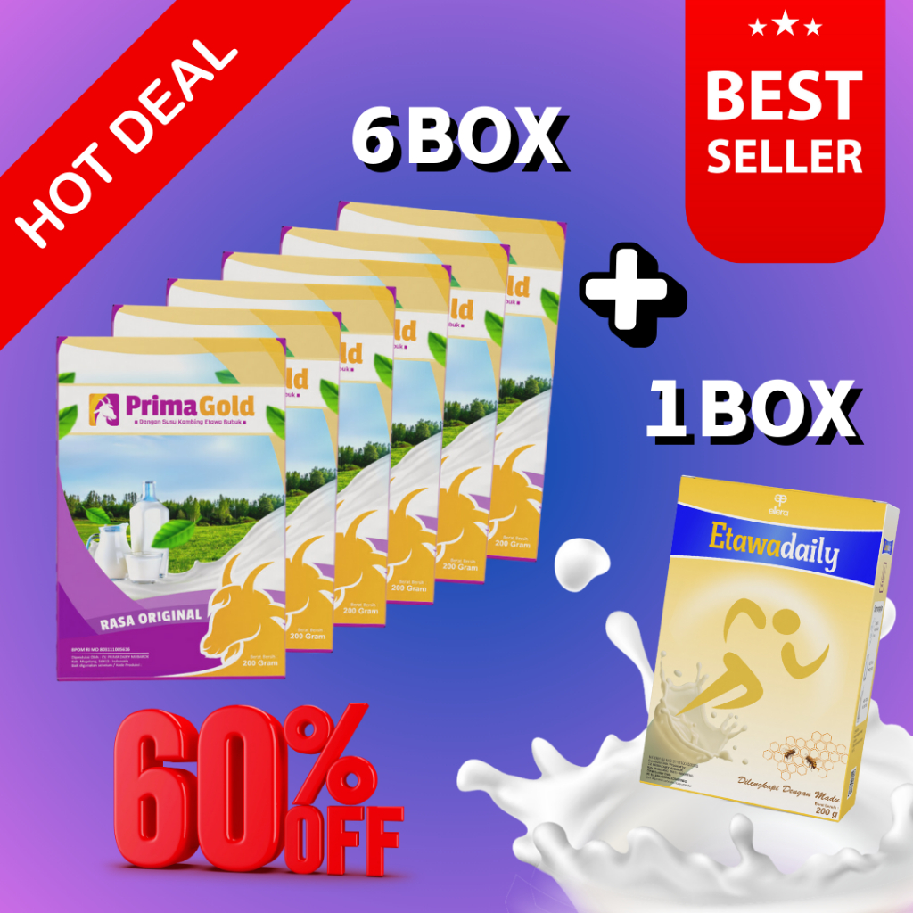 

PROMO UNTUNG 6 BOX PRIMAGOLD 1 BOX ETAWADAILY SUSU KAMBING ETAWA PRIMA GOLD | ETAWA DAILY