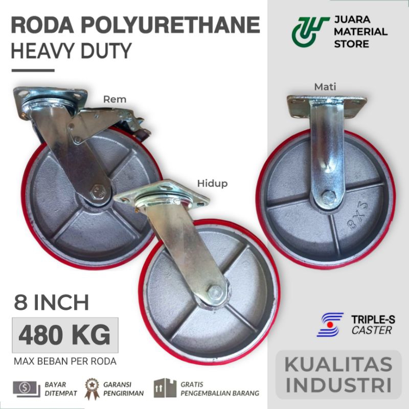 Roda Troli 8 inch 200 mm Polyurethane Merah Double Ball Bearing Plate Storage Gerobak Etalase Meja L