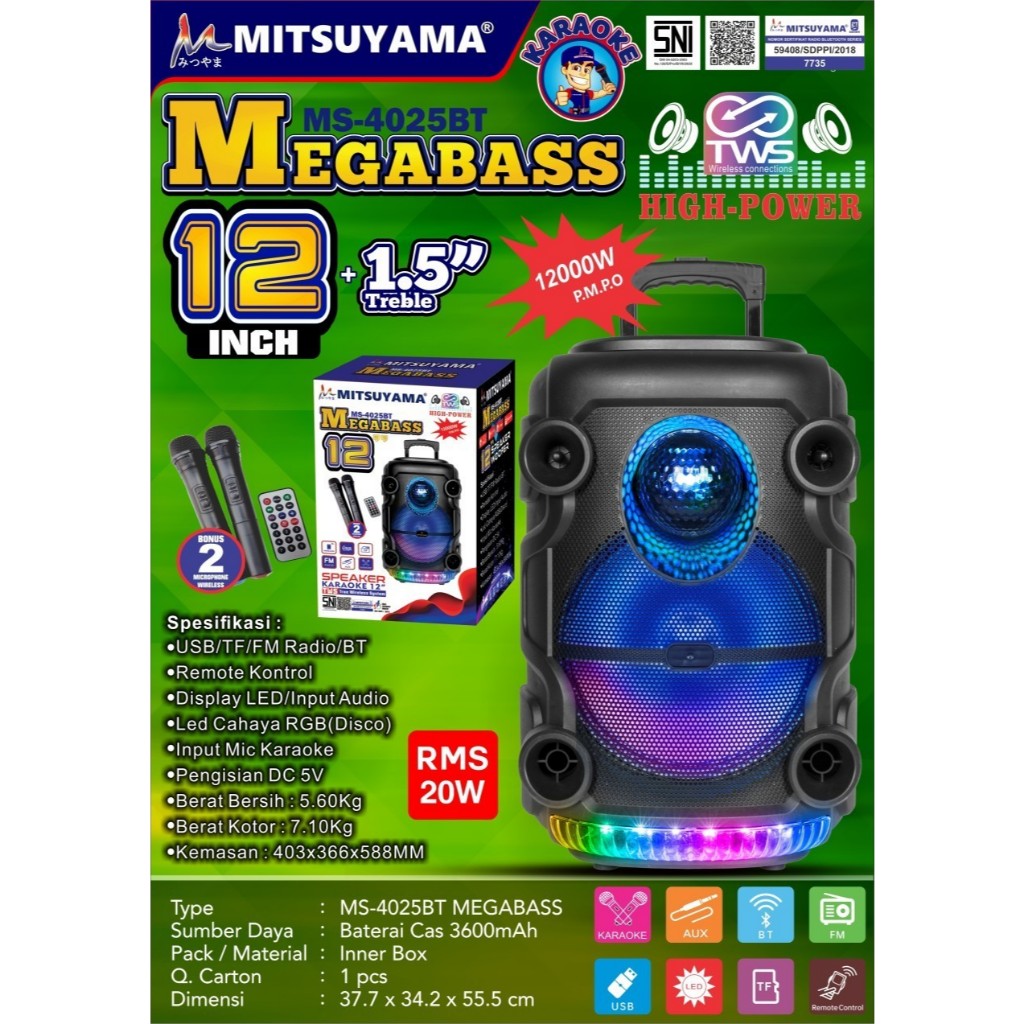 Speaker Bluetooth Portable Mitsuyama 12Inch MS-4025BT Megabass