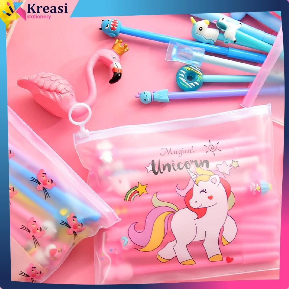 

Pena FREE Zipper Pouch Tempat Pensil Transparan Pulpen Gel Karakter Lucu Set Isi 20PCS Kreasi Stationery A15