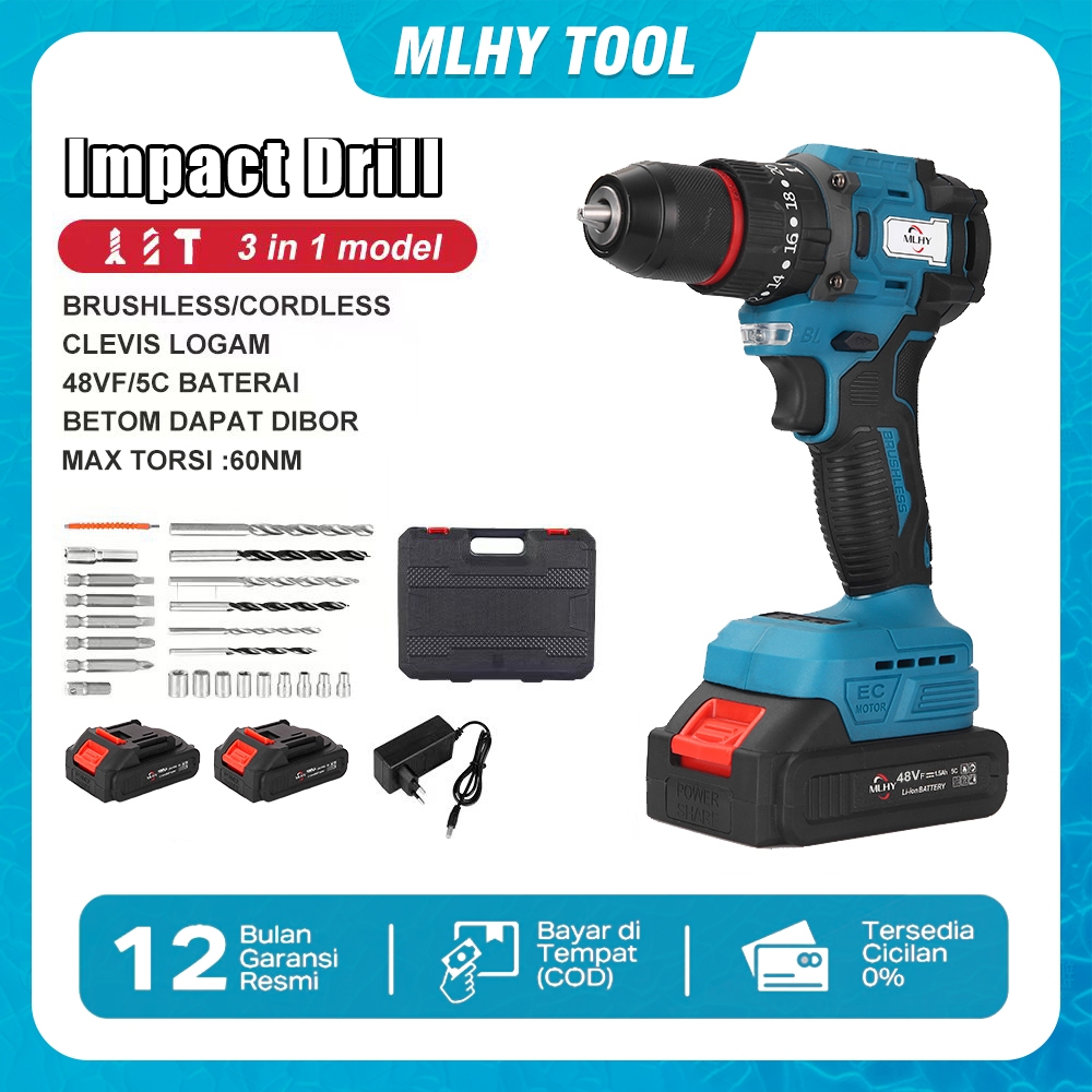 PROMO MLHY Tool 60N.m 3Mode Brushless Cordless Impact Bor 48VF Mesin Bor Cordless 10mm Bor Listrik /