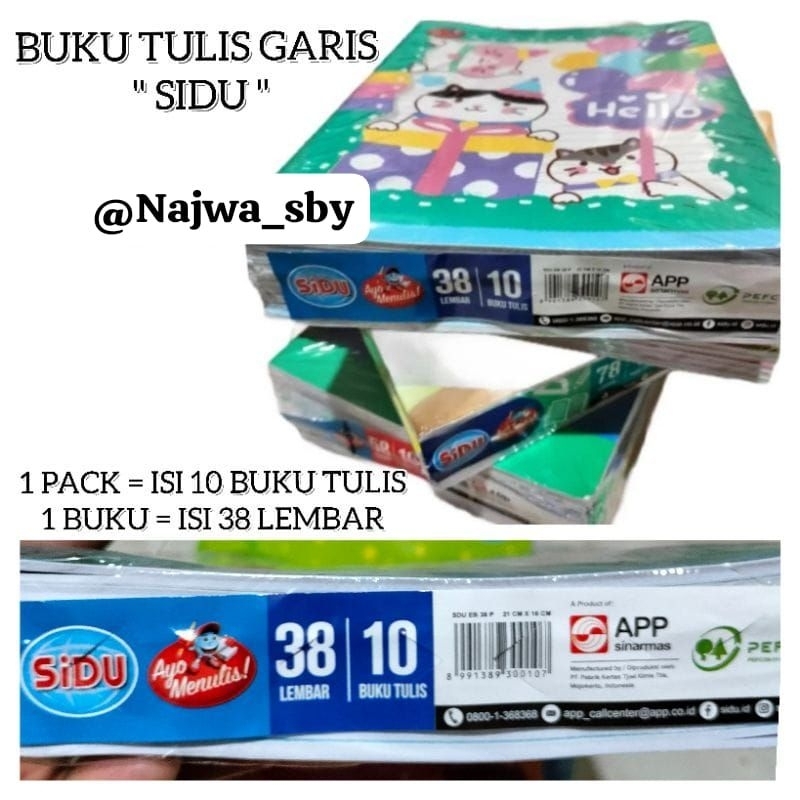 

BUKU TULIS GARIS ' SIDU ' 38 Lembar ( Harga 10 pcs Buku )