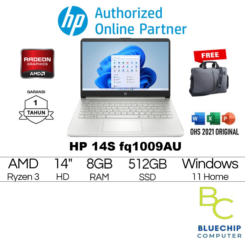 Laptop HP 14s FQ1009AU Ryzen 3 5300U 8GB 512GB W11+OHS 14.0FHD IPS - SILVER