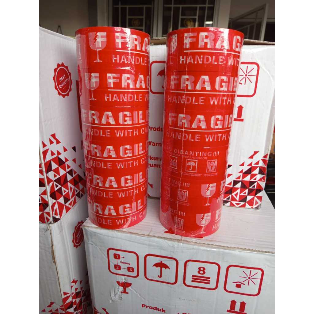 

1 LUSIN [ 12 PCS ] Lakban Fragile Merah 48 mm x 100 Yard - Handle With Care Jangan Di Banting - MPI